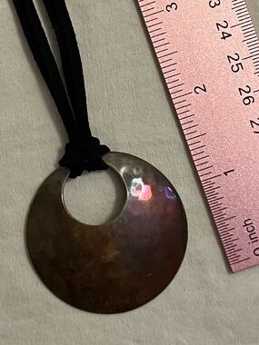 Round Iridescent Hammered Copper Pendant Necklace Black Suede Toggle Closure